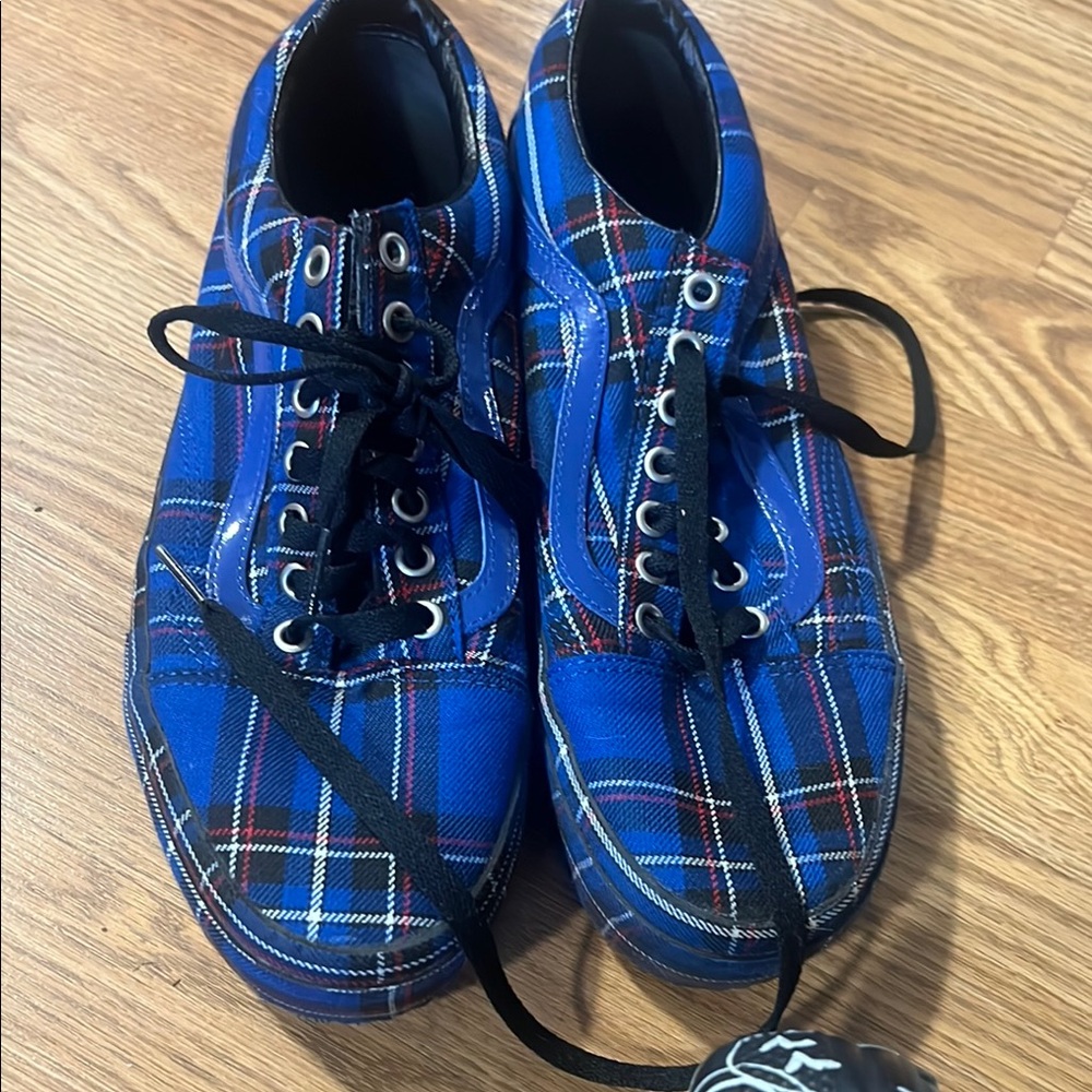 Vans Blue and Red Athletic Shoes with Plaid Design